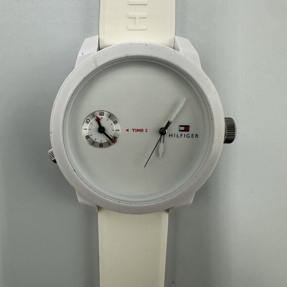 Tommy Hilfiger Watch Men White Dual Time Dial Silicone Band New Battery 10 Inch - Picture 2 of 12